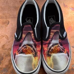 Vans Black and White Shark Graphic Slip-Ons